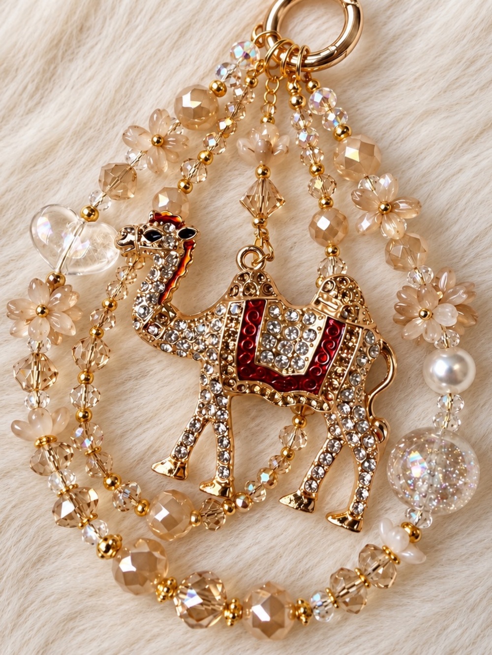 Gold Camel Crystal Beaded Bag Charm Keychain